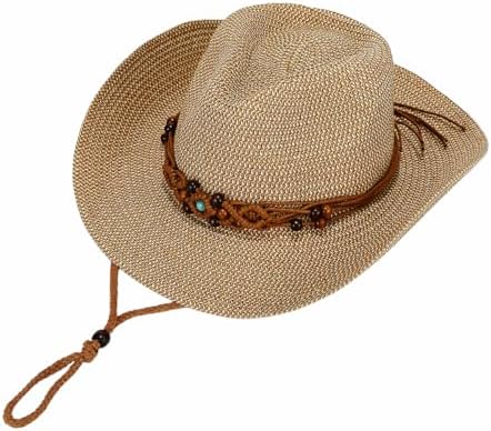 Wide Brim Straw Sun Hat with Wind Lanyard UV Protection Western Cowboy Style Men & Women main image 3