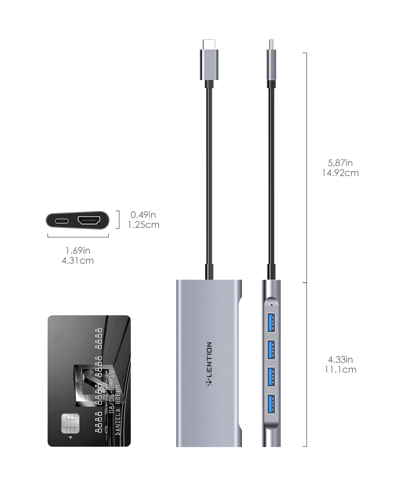 LENTION USB-C Multi-Port Hub with 4K HDMI Output, 100W PD, 4 USB 3.0 5Gbps Compatible 2024-2016 MacBook Pro, New Mac Air & Surface, Chromebook, iPhone 15, More, Stable Driver Adapter (C35, Space Gray)