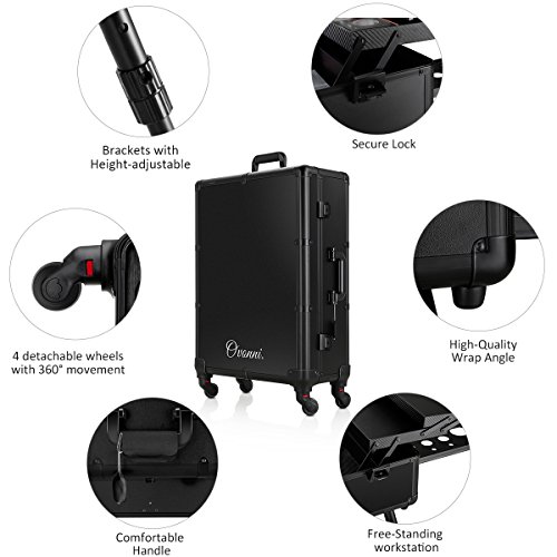 Ovonni LED Makeup Train Case, Lighted Rolling Travel Portable Cosmetic Organizer Box with Mirror & 4 Detachable Wheels, Professional Artist Trolley Studio Free Standing Workstation, Black - Thumbnail 3