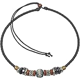 Boho Leather Cord Choker Necklace with Fishbone Bead & Mixed Wood/Metal Accents, Adjustable 15 Inches – Black or Brown
