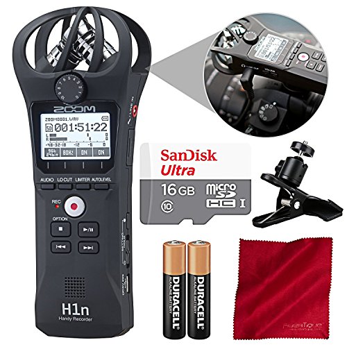 Zoom H1n Digital Handy Portable Recorder and 16GB Accessory Bundle with Clip Clamp + 2X AAA Batteries + Fibertique Cloth