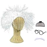 Old Man Mad Scientist Costume Albert Einstein/Ben Benjamin Franklin Cosplay Wig Crazy White Wig Mustache, 4 Pieces Set