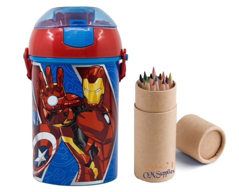 Marvel Avengers Pop Up Water Bottle Drink Bottle Flask with Neck Cord for Easy Carry School Lunch Kids Childrens 450ml Includes Half Size 12pcs Pencil Set (Avengers)