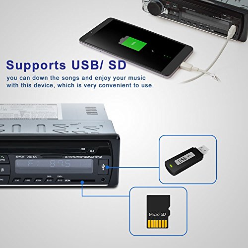 TekkPerry Car MP3 Player, MP3 Car Stereo Receiver with Bluetooth, USB Port and SD Card, BT/APE/WAV/WMA/MP3/USB/SD FM Car Stereo with Single Din FM Radio 3.5mm Auxiliary Input Remote Control