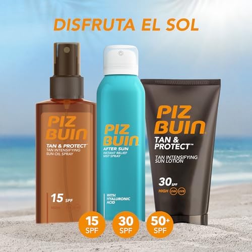 Piz buin protetor solar spray spf15, tan & protect acelerador de bronzeamento corpo e rosto, com vitamina e e proteção uva/uvb, 150 ml