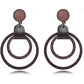 Bohemian Unique Handmade Wooden Round Earrings Vintage Leather Wooden Cut-Out Dangle Drop Earrings for Women