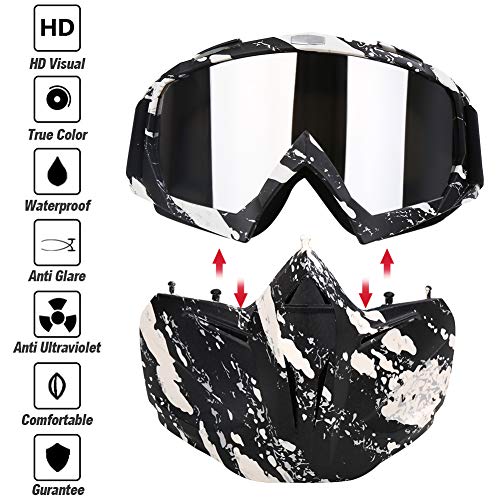 PiscatorZone Motorcycle Goggles Mask, Tactical Glasses with Detachable Mask Adjustable Windproof Outdoor Paintball Airsoft Mask Face Shield for Kids Men Women