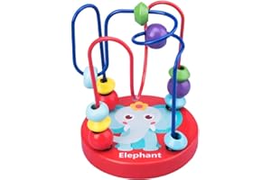 TINYMINYTOT Wooden Bead Maze Activity Toy – Educational Circle Coaster in Red Elephant Design. Ideal Toddler Learning Toy for Sorting, Stacking & On-The-Go Play. Perfect Size for Travel and Waiting Rooms.