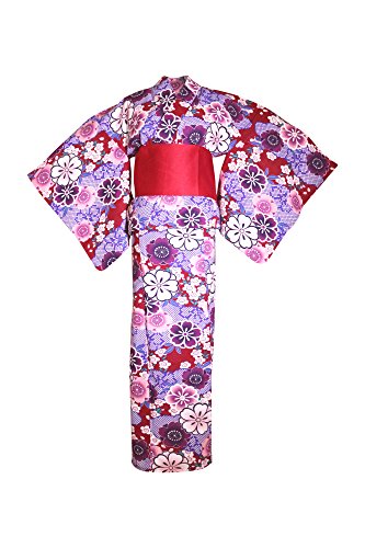 myKimono Women's Traditional Japanese Kimono Robe Yukata 486 with Obi Belt / Red with floral pattern