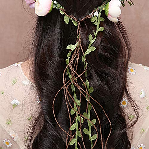 Flower Crown Headband Rose Wreath Garland Hair Bands Floral Wedding Bridal Hair Hoop Women Girls Leaf Vine Party Decoration Headdress Headwear Christmas Handmade Headpiece Hair Accessories Pink - Thumbnail 2