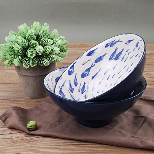 YALONG 40-Ounce 8 inch Porcelain Blue Serving Bowls for Soup Salad Ramen Pasta with Fish Design, Pho bowl Set of 4