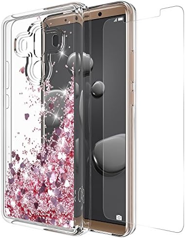 HUAWEI MATE 10 PRO CASE,With Tempered Glass Screen Protector Cute Sparkly Glitter Bling Luxury Fashion Liquid Quicksand for Teen Girls Soft Clear TPU Bumper Cover For MATE 10 PRO (Pink)