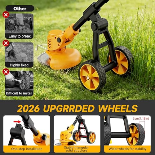 Electric Weed Wacker Cordless with Wheels,Electric Weed Eater Battery Powered 4000mAh,4 in 1 Grass Trimmer/Brush Cutter/Grass Edger/Lawn Mower,No String Trimmer with Blade,2 Battery