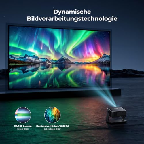 Projector Compatible with Netflix 28000 Lumens, Mini Projector 4K Supports Native 1080P, WLAN 6 and Bluetooth, Electric Focus and 4D Keystone, Over 100,000+ Apps, Home Cinema / Outdoor | Electric Focus, 4D Keystone, Over 100,000+ Apps, for Home Cinema and Outdoor
