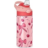 Bow Cherry Pink Kids Insulated Water Bottle, Toddlers Tumbler Travel Cup with Straw & Handle Stainless Steel Cup for Travel School Girls 12 oz