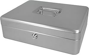 Westcott Geldkassette abschließbar (groß, 30 cm) Silber | Abschließbare Box aus Stahlblech mit 2 Schlüsseln | Herausnehmbare Einlage für Münzen mit 5 Fächern | E-51002 SILVER
