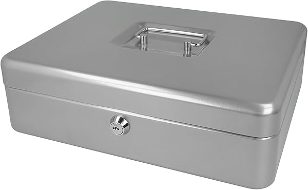 Westcott Geldkassette abschließbar (groß, 30 cm) Silber | Abschließbare Box aus Stahlblech mit 2 Schlüsseln | Herausnehmbare Einlage für Münzen mit 5 Fächern | E-51002 SILVER