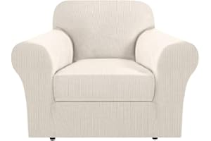 H.VERSAILTEX Stretch Slip Covers for Armchairs Chair Slipcovers for Living Room Armchair Furniture Cover Suit for T Cushion/Box Cushion, Spandex Jacquard Fabric Small Checks(Armchair-Standard, Ivory)