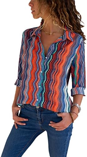 HUUSA Womens Button Up Blouses V Neck Color Block Stripes Work Casual Long Sleeve Shirt Tops