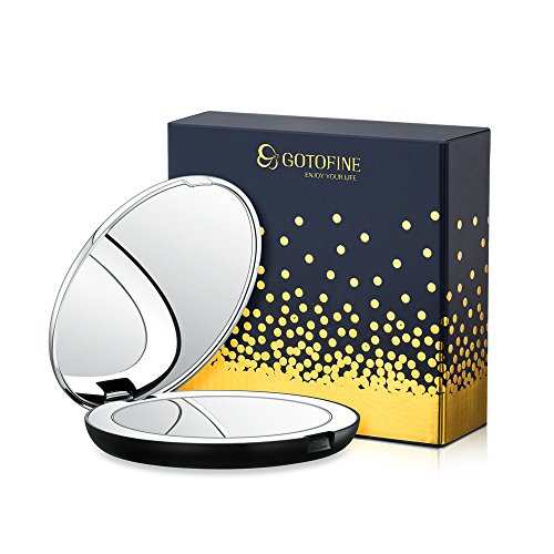 Gotofine LED Lighted Travel Makeup Mirror, 1X & 7X Magnification - Double Sided, Luxury, Portable, Compact, Illuminated Folding Travel Mirror