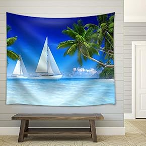 Sailing Boat on Tropical Sea with Palm Trees - Fabric Tapestry, Home Decor - 51x60 inches