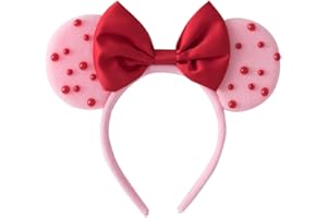 PAITTY Pearl Mouse Ears Bow Headbands for Girls Kids Sparkle Hair Band Ear Headband Party Princess Trip Cosplay Costume Decor (Pink Red Pearl)