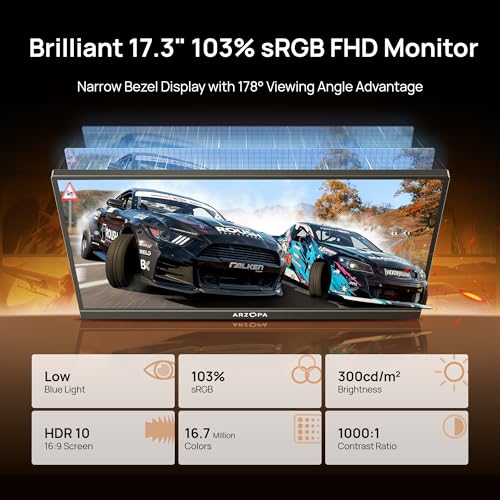 ARZOPA Monitor Portátil 17.3", 1080P FHD 103% sRGB IPS Monitor Portátil Monitor Gaming Soporte Integrado HDMI USB C Pantalla Externa con Altavoces Duales para PC Mac Teléfono Xbox Switch PS5 - A1M
