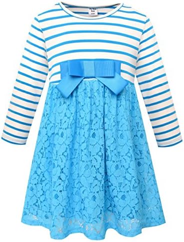 Girls Dress Striped Cotton Long Sleeve Pleated Lace Casual Dresses Blue Size 10