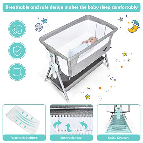 INFANS Baby Bedside Crib, Newborn Sleeper w/ Large Storage Basket, Adjustable Heights