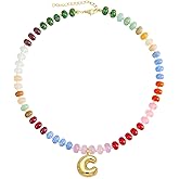 J&C DIY IMAGE Bubble Letter Pendant Charm Necklace for Womens, Handmade Trendy Initial Necklaces Choker,14K Gold Colorful Natural Stone Beaded Necklace, Perfect Christmas Jewelry Gift for Lover.