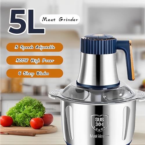 Beauenty 5L Electric Food Chopper,500W Stainless Steel Meat Grinder Electric,5-Speed Mode,Multi-Function Food Processor for Dough Stirring,Onion,Meat,Fruits, Garlic,Vegetables,Baby Food