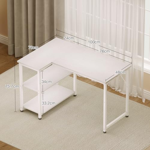 Coleshome L Shaped Computer Desk, 100x70 cm Corner Desk, Office Desk with Reversible Storage Shelves, Writing Study Table for Work Play Home Office, White