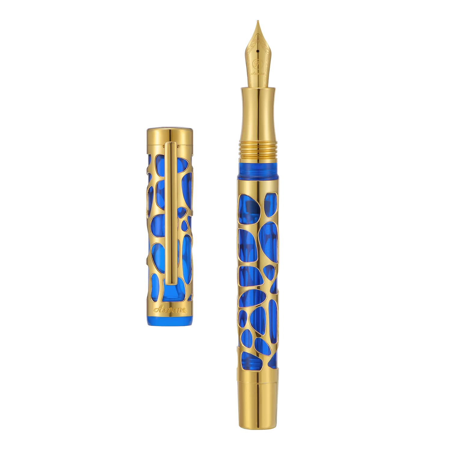 Asvine V169 Vacuum Filling Fountain Pen Medium Nib, Water Drop Skeleton Gold Trim Transparent Blue Acrylic Pen Case Set