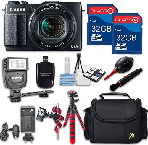 Canon Powershot G 1 X Mark II (Black) HS Point and Shoot Digital Camera, W/ Case + 64GB Memory + Flash + Tripod + Case + Cleaning Kit + More – International Model