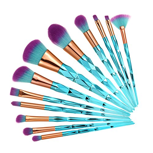 DRQ 12pcs Makeup Brush Set Colorful Diamond Shaped Handle Premium Synthetic Kabuki Foundation Blending Blush Eye Face Liquid Powder Cream Cosmetics Lip Brush Tool Professional Brushes Kit with Pouch