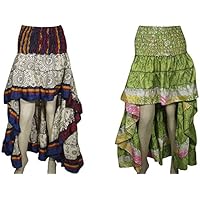 Mogul Interior 2pc Womens Beach Skirt Printed Recycled Silk Sari High Waist Gypsy Hi Low Skirts S/M