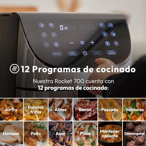 ROCKET 700 - Freidora de Aire 1800W 7L - 12 Programas - Pantalla LED Táctil - Temperatura Ajustable - Recetario Online - Fácil Limpieza