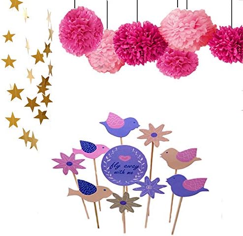 DoTebpa 26Feet Sparkling Star Garland Banner Decoration and Tissue Paper Pom Poms(6pcs) and Bird Cupcake Toppers Set For Weddings, Birthday Parties, Bridal Showers, Holidays, Baby Showers