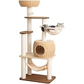 LULUCAT 56.6" Velvet Cat Tree Tower with Woven Condo, Clear Bowl &amp; Hammock | Handwoven basket lounger | Plush comfort pad | Cotton-rope scratching posts | Multi-level lounging layout