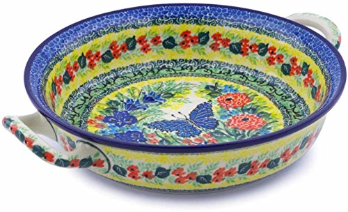 Click Here to See More Images Polish Pottery Medium Round Baker with Handles made by Ceramika Artystyczna (Blue Butterfly Meadow Theme) Signature UNIKAT + Certificate of Authenticity