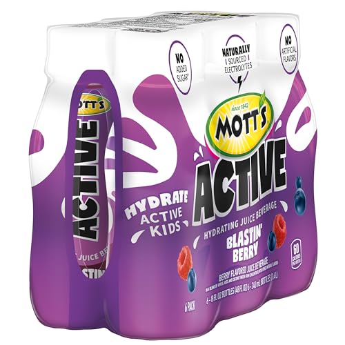 MOTT’S ACTIVE BLASTIN’ BERRY HYDRATING JUICE BEVERAGE, 8 FL OZ BOTTLES, 24 COUNT (4 PACKS OF 6), MADE WITH NATURALLY SOURCED ELECTROLYTES & COCONUT WATER, GLUTEN & CAFFEINE-FREE, KOSHER