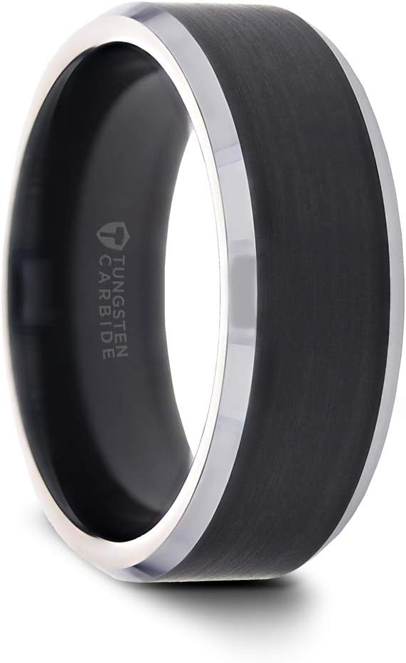 Aston | Tungsten Rings for Men | Tungsten | Comfort Fit | Custom Engraving | Wedding Ring Band with Matte Black Brushed Center - 8mm