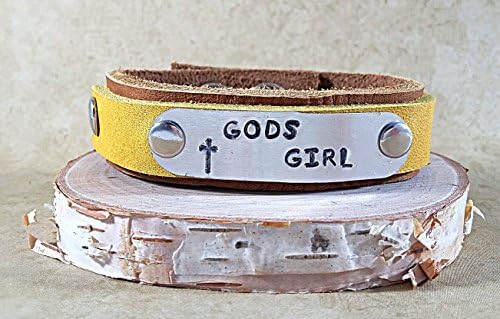 Yellow Leather Christian Hand Stamped Cuff Bracelet For Women Gift For Her And Men Mothers Fathers Day