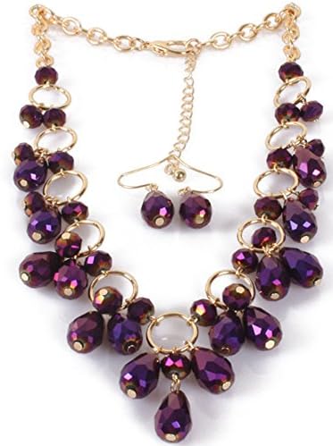 Tassels Face Drop Crystal Glass Bead Alloy Connecting Circles Collarbone Necklace Earring Set