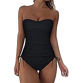 Firpearl Strapless One Piece Bathing Suit for Women Ruched Tummy Control Bandeau Swimsuits Slimming Tube Top Swimwear