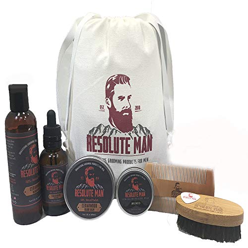 Resolute Man Cedarwood Beard and Mustache Grooming Kit for Men - 100% Natural & Organic Beard Oil Beard Balm Beard Wash Mustache Wax Strong Hold