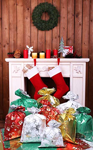 Christmas Gift Bags, 32Pcs Santa Wrapping Gift Bag in 4 Sizes and 4 Designs with Ribbon Ties and Tags for Wrapping Holiday Gifts