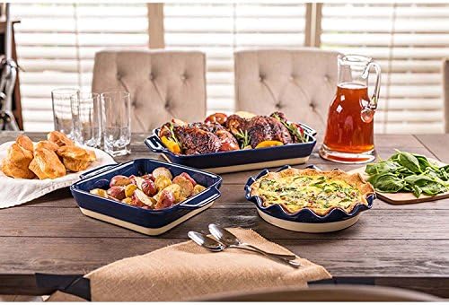 3 Piece Blue Ceramic Bakeware Set - Square Baker, Scalloped Pie Plate, Rectangle Baker Oven to Table