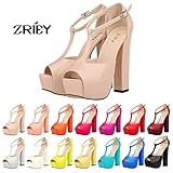 ZriEy Women's Peep Toe 14CM / 5.5 inches High Heel T-Strap Platform Chunky Heels Party Wedding Sandals