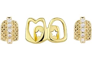RETZJORV 3 Pieces 14K Gold Plated Hip Hop Teeth Grillz Single Teeth Cap Mouth Grills Fangs Iced Out CZ Diamond Teeth Grills for Your Teeth Party Accessories